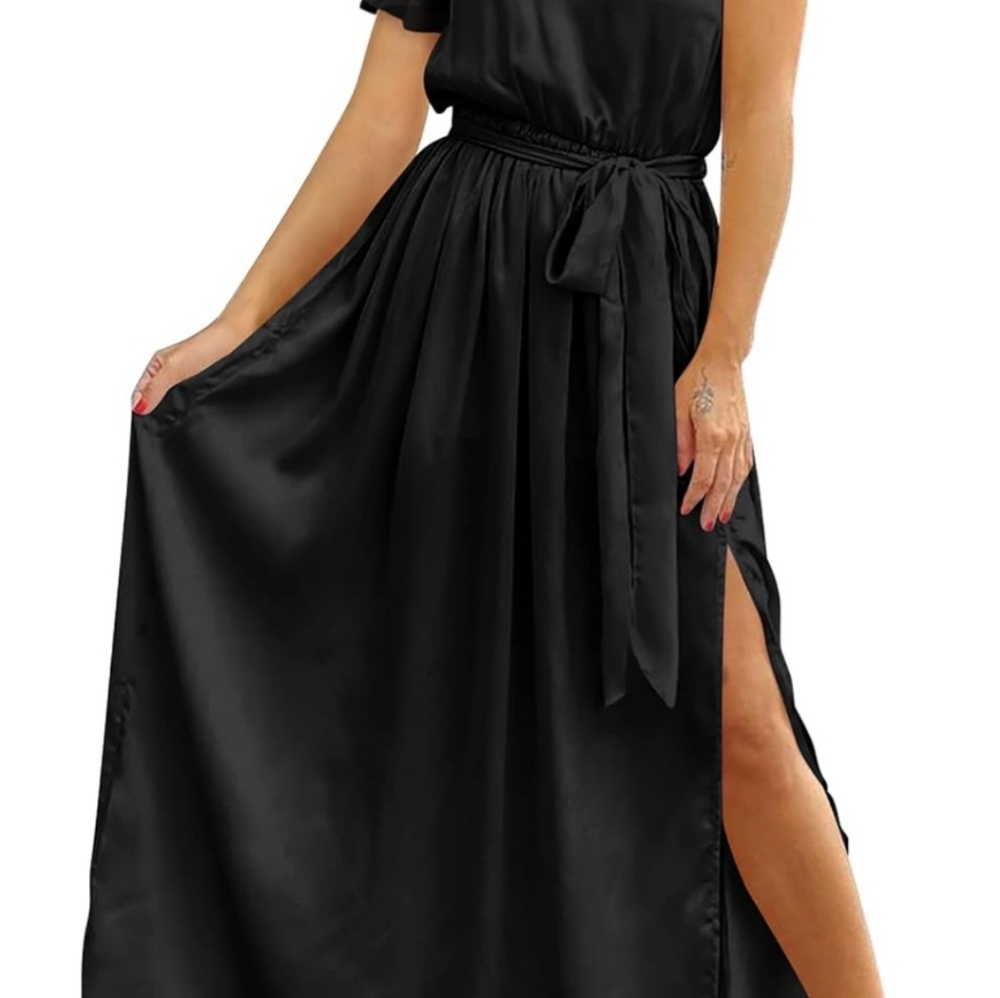 Satin Long Sleeve One Shoulder Maxi Dress Asymmetrical Tie Waist Slit